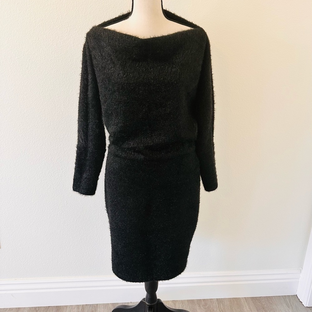 Black Mini Dress‎ Fuzzy Shimmer Warm Off Shoulder Size XL